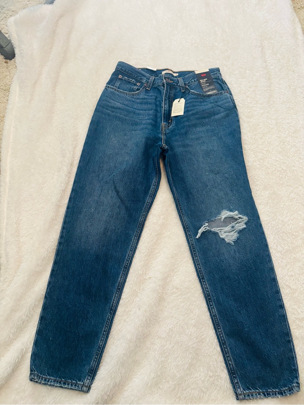 Levi's Women's Boyfriend Jeans - Dark Blue with Distressed Knee
